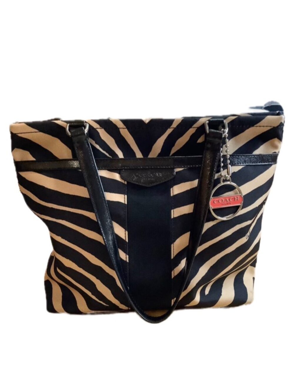 Coach Black Tan Beige Zebra Print Canvas Fabric Tote Shoulder Purse Bag